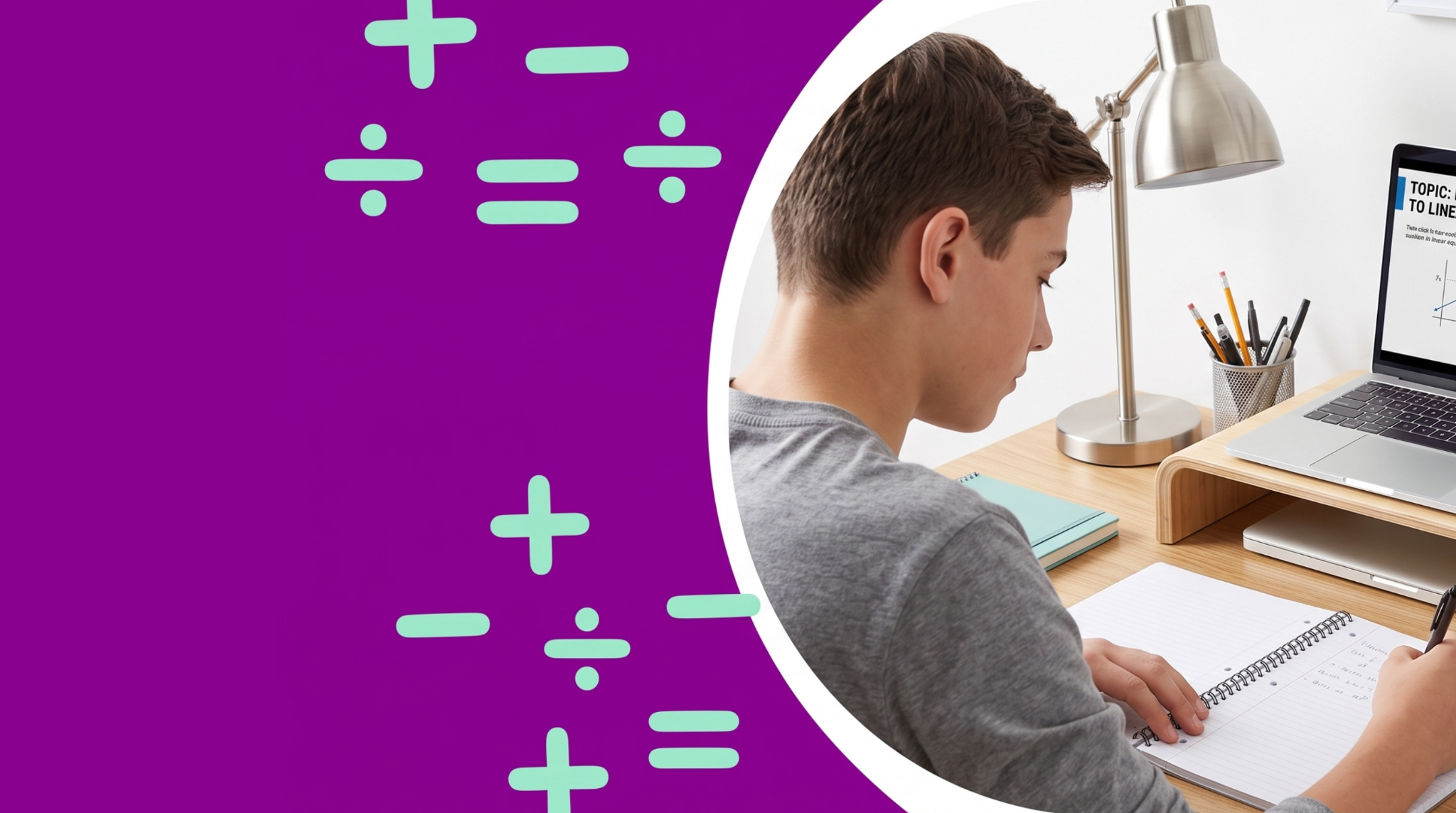 Student studying at a desk during an online math lesson