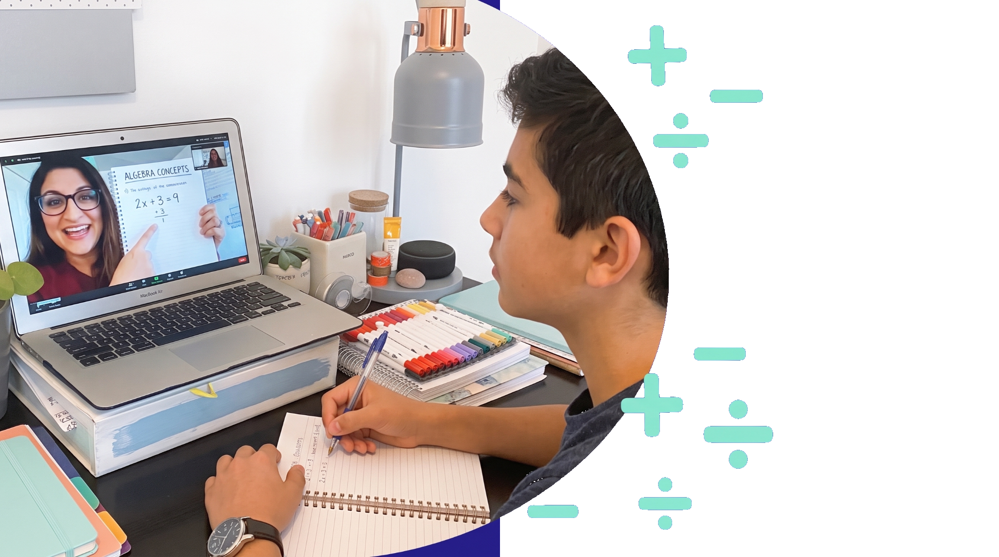 Student learning mathematics online with a tutor on a laptop